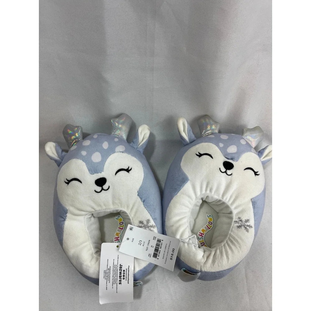 Squishmallows Blue Deer Plush Slippers Kids Size 2/3 Silver Antler Snowflake NEW